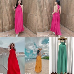 Đầm maxi dập ly cổ đính hoa hở lưng