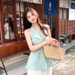 Áo Đũi Cổ Yếm Xoắn Ngực Hở Lưng Nhún Smocking Quyến Rũ Mặc Đi Chơi, Đi Biển 551182
