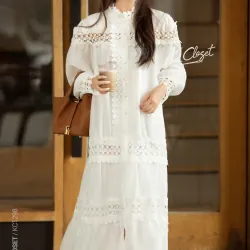 Đầm công sở nữ cổ điển phối ren màu trắng phong cách Hàn Quốc 777182