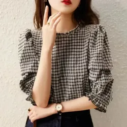 Áo sơmi tay ngắn dáng rộng in kẻ sọc phong cách mùa hè 760068