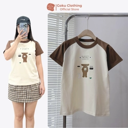 Áo Thun Nữ Cotton Phối Nâu Kem In Gấu Size ML Hàng Mới