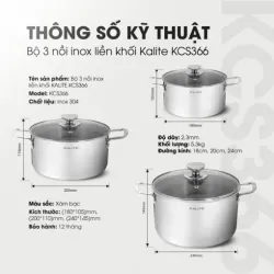 Bộ 3 nồi inox liền khối KALITE KCS366 – Bộ 3 size 18-20-24cm linh hoạt 577473