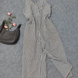 Jumpsuit 2 dây sọc ca rô 