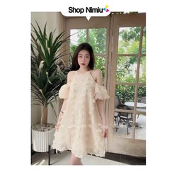 Đầm thời trang nữ, váy cổ yếm trễ vai 2 tai bồng bềnh, đầm babydoll 187911