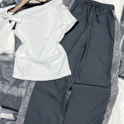  Set áo lệch vai phối nơ + quần dài lụa phối ren – Freesize 443462