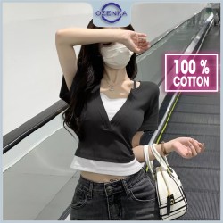 Áo croptop nữ ôm tay ngắn Ozenka màu đen trắng mặc đi học đi chơi 12417