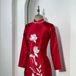 Áo dài mẹ sui, chất vải lụa ruby thêu hoa sen  700526