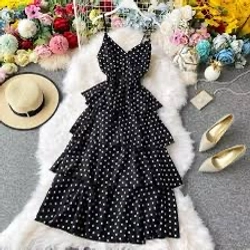 Đầm chấm bi sếp tầng vải voan 509640