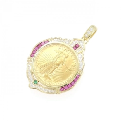 K18YG(枠) Đá màu Đồng xu Mặt dây chuyền - Hàng hiệu Authentic