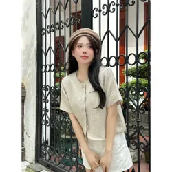 Áo blazer cổ tròn nữ cộc tay họa tiết túi 605088