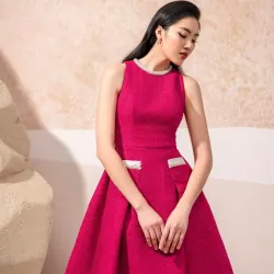 Set áo khoác kèm váy dạ tweed hồng cánh sen thiết kế cao cấp by Aries size M  748628