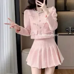 áo dạ +chân váy tweed hồng pastel đính kèm nơ  971186