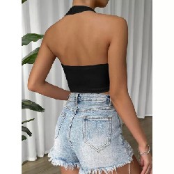 Áo croptop cổ yếm đen brand Jun.sg. - size M co giãn trên 47kg vừa . 14038