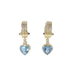 K18YG Bông tai hình trái tim đá Topaz xanh - Hàng hiệu Chính hãng