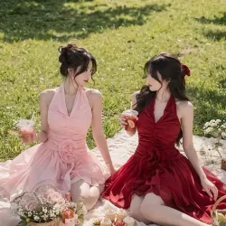 Đầm tơ yếm hở lưng có đệm ngực mềm cuộn bông kèm quần  1033109