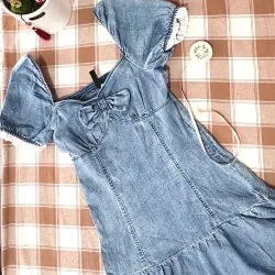 Đầm denim nữ Ivy Moda tay ngắn phối nơ trẻ trung