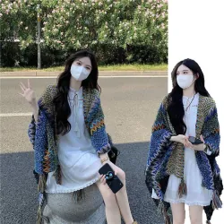 Khăn Áo Choàng Len Boho Thổ Cẩm Nữ Khoác Ngoài - Hàng Loại 1 Chất Len Móc Dày Ấm 106*135cm 752863