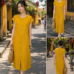 Pass đầm linen màu vàng size S