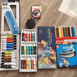 (2hand) Combo bút màu nước + màu nước + màu acrylic đã qua sử dụng 