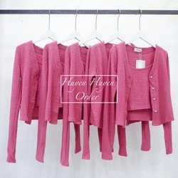 Set áo dây khoác cardigan hồng 