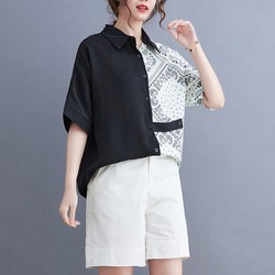 Áo sơ mi chiffon lụa tay ngắn form rộng hoạ tiết trắng đen không đối xứng retro 73814