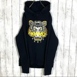 Áo hoodie Kenzo màu đen thêu logo mặt cọp (đầu hổ) chỉ vàng 760767