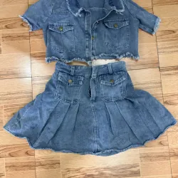 Set jean áo crop top chân váy