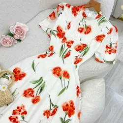 Váy đầm nữ tay ngắn họa tiết hoạ tiết phối đen_size M màu hồng 715963