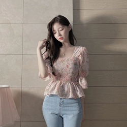 Áo Ngắn Tay Cổ Vuông In Hoa Phối Bèo Thời Trang Cho Nữ 496554