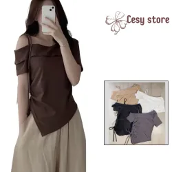 Áo thun nữ kiểu lệch vai phối dây rút nữ màu nâu đậm 789247