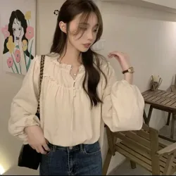 Bh Áo Tay Phồng Dài Cổ Tròn Dáng Rộng Viền Gỗ vintage Cho Nữ 995028