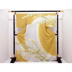 Kimono thăm viếng Chirimén với họa tiết vàng Yūzen - Hàng hiệu Authentic