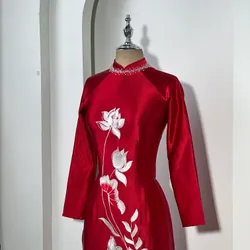 Áo dài mẹ sui, chất vải lụa ruby thêu hoa sen  700526