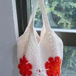 TÚI LEN MÓC TAY HOẠ TIẾT HOA PHƯỢNG ĐỎ - HANDMADE CROCHET BAG 763505