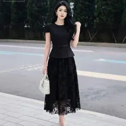 Váy nữ chiffon dáng dài phối ren họa tiết đen size M 1013141