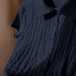 Áo sơ mi dáng croptop xanh dương đậm tay ngắn 608935