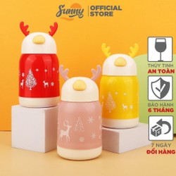 Bình nước giữ nhiệt tai hươu cute lõi thuỷ tinh bọc nhựa dung tích 380ml decor bàn học