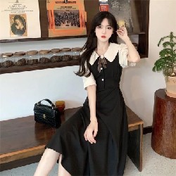 [BIGSIZE]Váy đầm đen cổ búp bê đính nơ tay ngắn phong cách Hàn Quốc