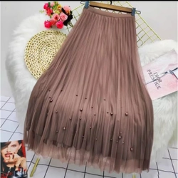 chân váy voan lưới đính ngọc trai 2 màu đen nâu