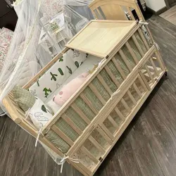 Giường cũi trẻ em gỗ tự nhiên thiết kế an toàn có mái che