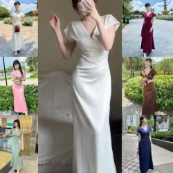 Đầm maxi lụa có tay cổ V siêu xinh 1 Màu STELLA DRESS 992252