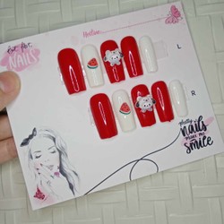 Bộ nail giả dán móng đỏ trắng dạng dài 72039