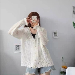 [New] Áo Cardigan Đan Mỏng Cúc Ngọc Trai 2 Màu Trắng-Xanh