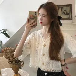 ÁO SƠ MI NGẮN TAY CỔ CHỮ V DÁNG RỘNG DÀNH CHO NỮ SIZE L