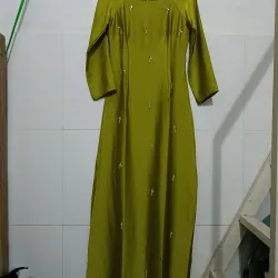 Áo dài xanh vỏ đậu đính kết chất ruby kèm quần trắng 991225