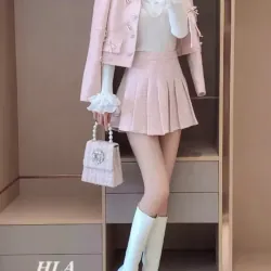 áo dạ +chân váy tweed hồng pastel đính kèm nơ  971186