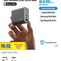 Củ sạc Cuktech 65w GaN 3 cổng out còn mới 732158