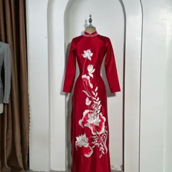 Áo dài mẹ sui, chất vải lụa ruby thêu hoa sen  700526