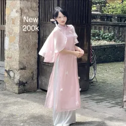 Set áo dài cố yếm tơ óng đính bướm kèm áo khoác choàng và quần lụa 994471