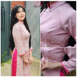 Váy cô dâu cổ cao dài tay chất liệu lụa màu trắng kem 737788